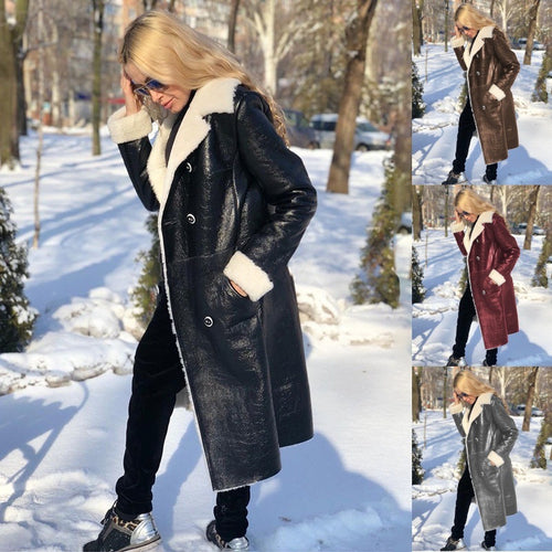 Elegant long coat for women with high-quality lamb collar and double row of buttons Amarae
