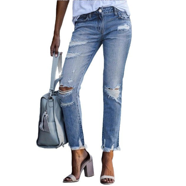 Ladies Casual Cropped Jeans with Distressed Destroy Design, High Waist and Asymmetrical Fringed Hem Amarae