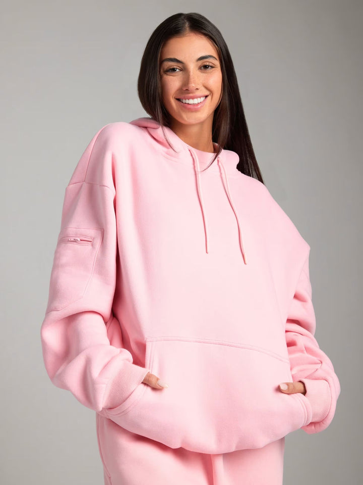 Ladies hoodie with integrated sleep mask design and soft interior Lune London