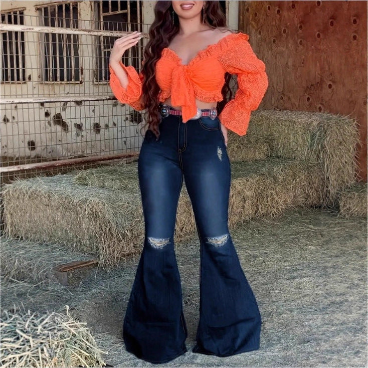 Women's High-Waisted Flared Jeans with Flared Leg, Knee Rips, and Figure-Enhancing Stretch Waistband Amarae