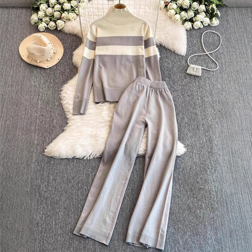 Knitted loungewear set for women with a high collar and wide stripes Amarae