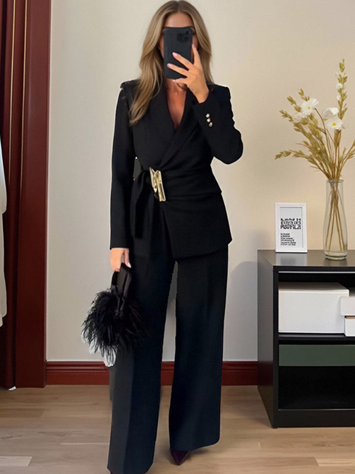 Women's Tailored Wrap Blazer with Decorative Metal Buckle & High-Waist Palazzo Pants Amarae
