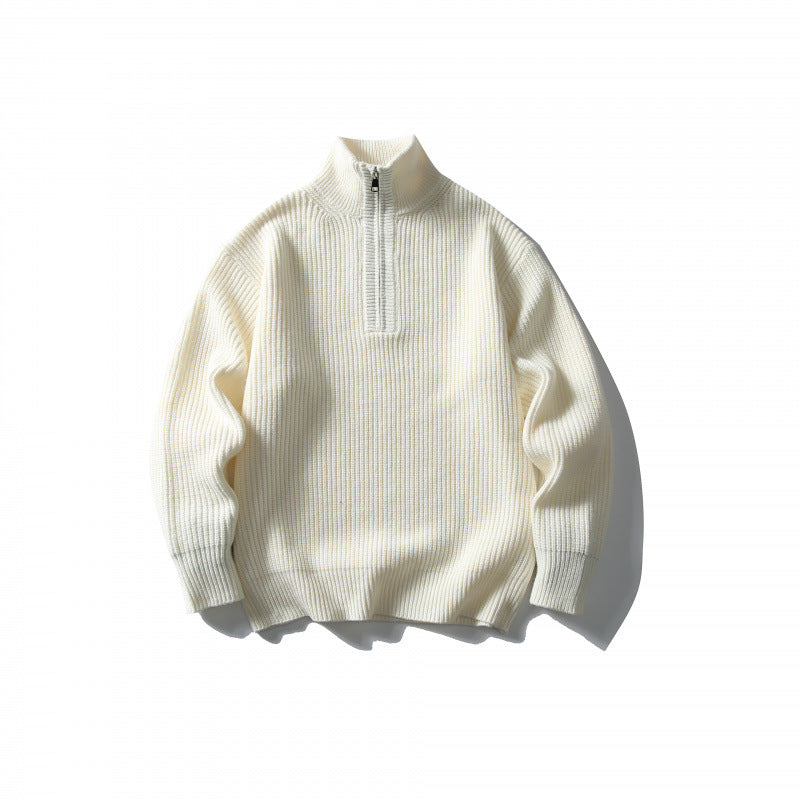 Unisex Structured Half-Zip Knit Sweater with High Stand-Up Collar and Ribbed Rib Knit Amarae