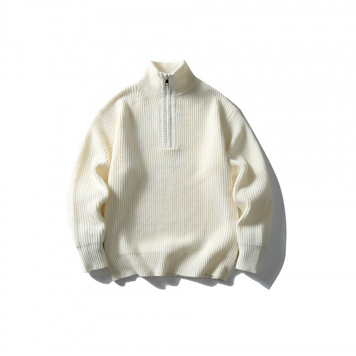 Unisex Structured Half-Zip Knit Sweater with High Stand-Up Collar and Ribbed Rib Knit Amarae