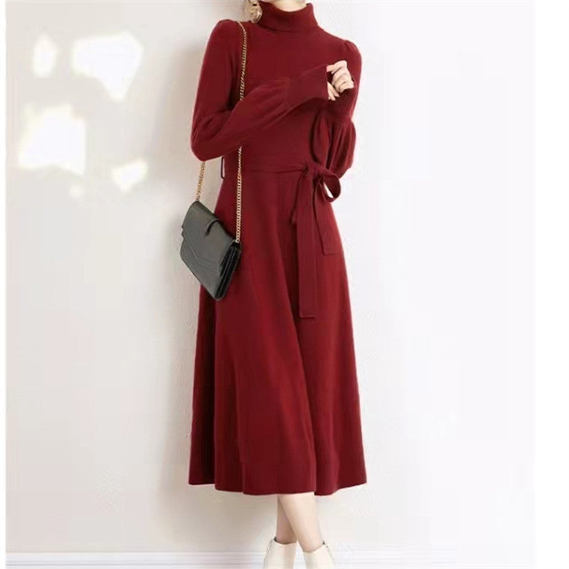 Knitted dress for women with high collar and belt at the waist Lune London