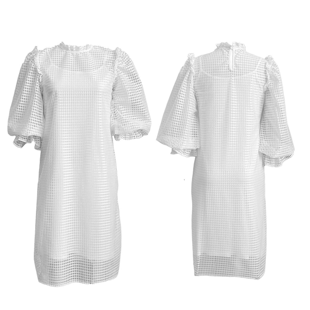 Transparent dress for women with voluminous puff sleeves and a chic check pattern.