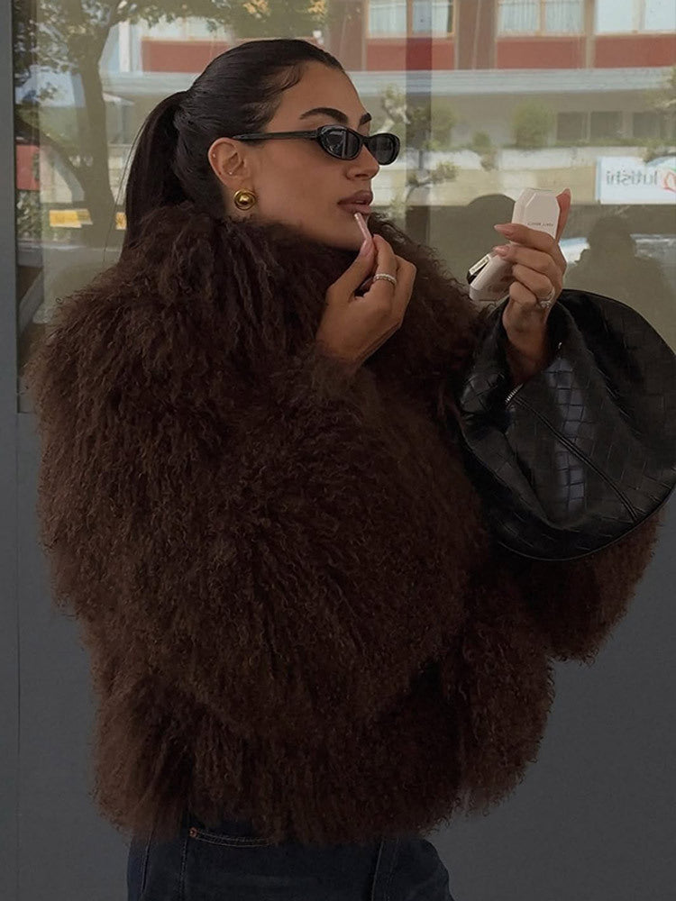Women's Boxy Faux Fur Bomber Jacket with Curly Lambskin Look and Extra Volume Amarae