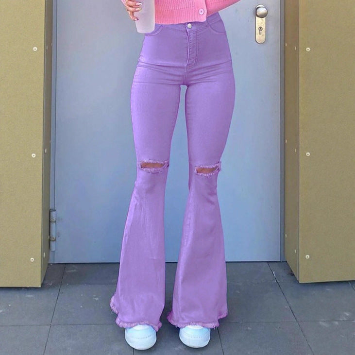 Women High-Rise Stretch Flared Jeans with Knee Rips, Flared Leg and Raw Hem Amarae
