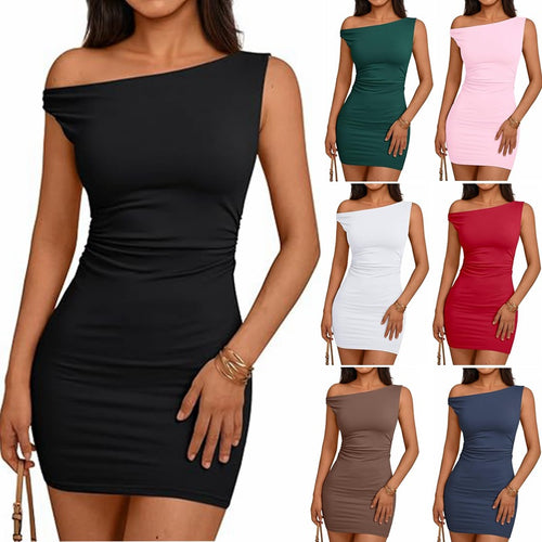 Fitted dress for women with asymmetric neckline and ruching Amarae