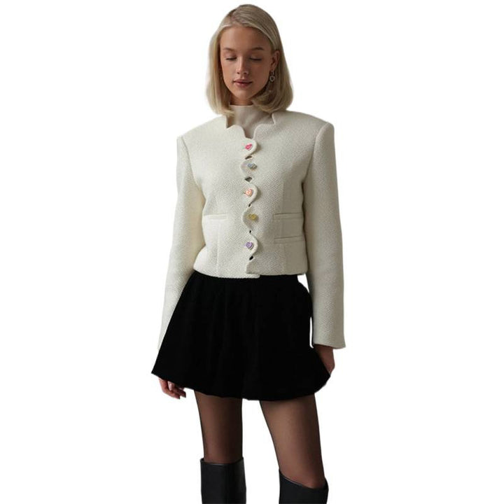 Women's Bouclé Cropped Blazer with Sculptural Shoulder and Wavy Button Placket Amarae