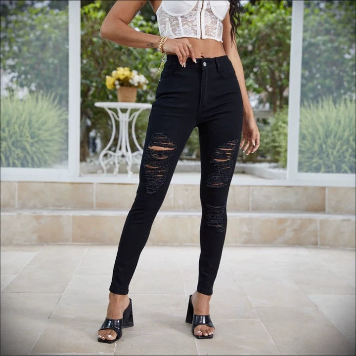 Ladies High-Waisted Skinny Jeans with Large Ripped Inserts and Sculpting Stretch Waistband Amarae