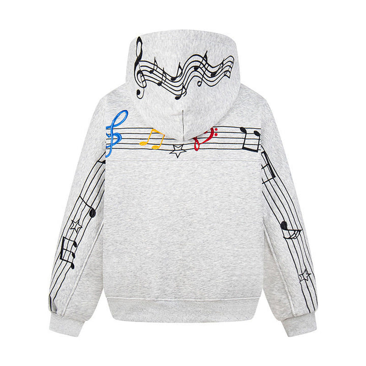 Women's Oversized Hoodie with Musical Notes Embroidery and Ribbed Hem Amarae