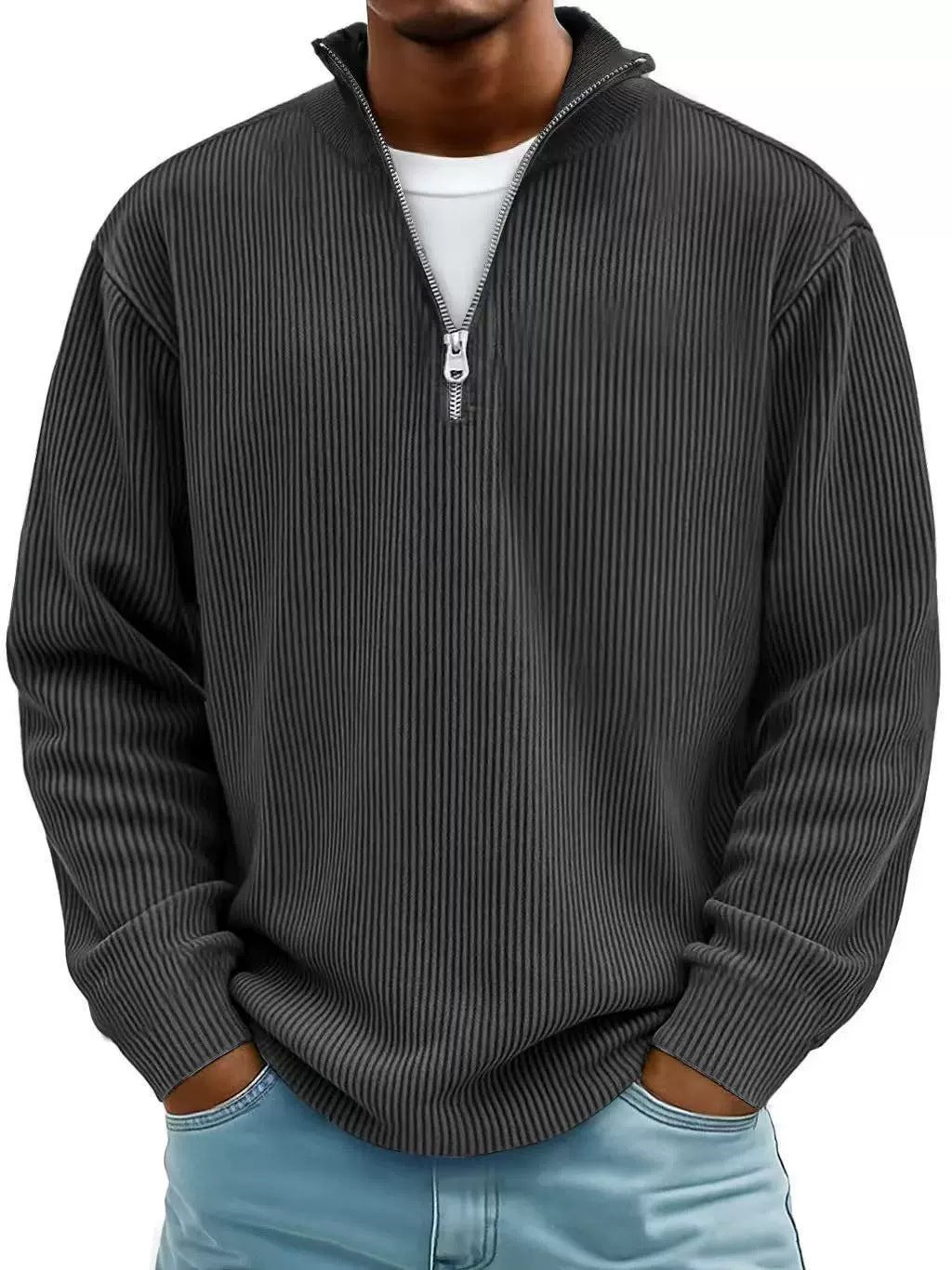 Men's ribbed knit pullover with half-zip and stand-up collar Amarae