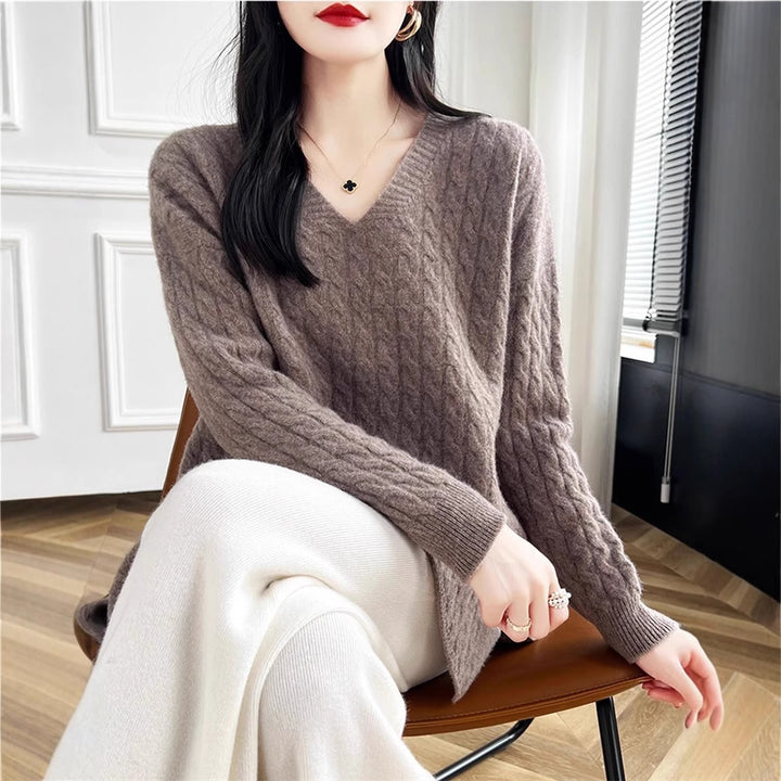 Pull épais en tricot pour femme avec deep V-neck et tissu texturé Chic & Stil