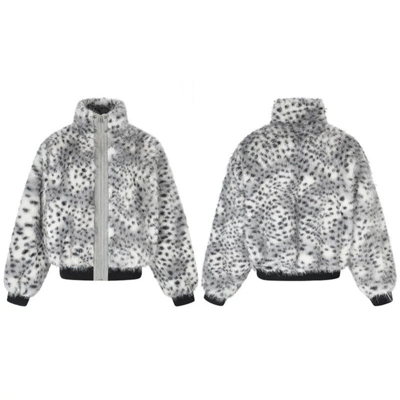 Women's Cropped Faux Fur Bomber Jacket with High Stand-Up Collar, Polka Dot Leopard Pattern, and Ribbed Hem Amarae