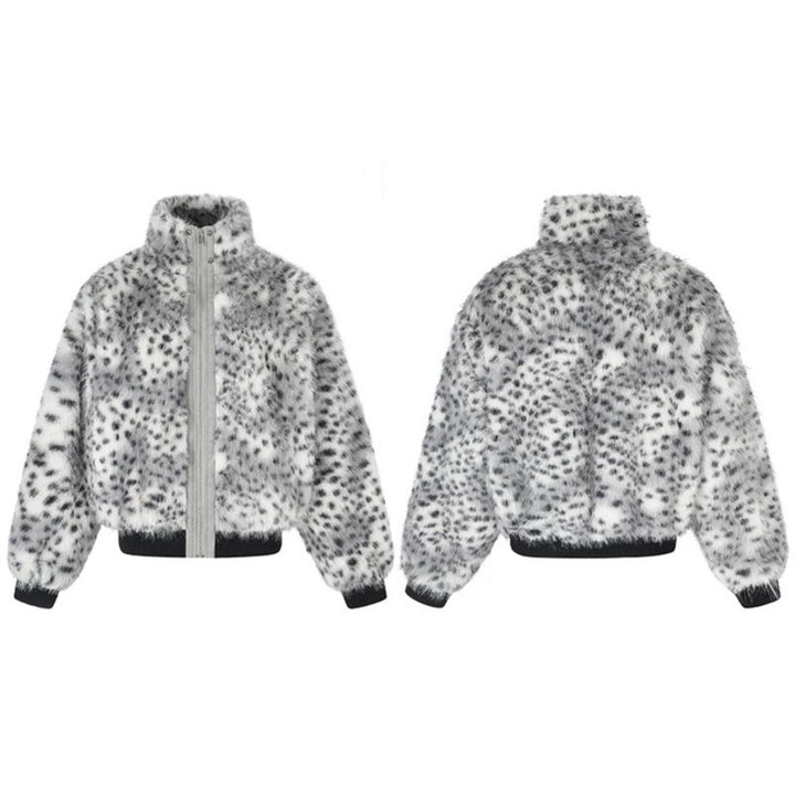 Women's Cropped Faux Fur Bomber Jacket with High Stand-Up Collar, Polka Dot Leopard Pattern, and Ribbed Hem Amarae