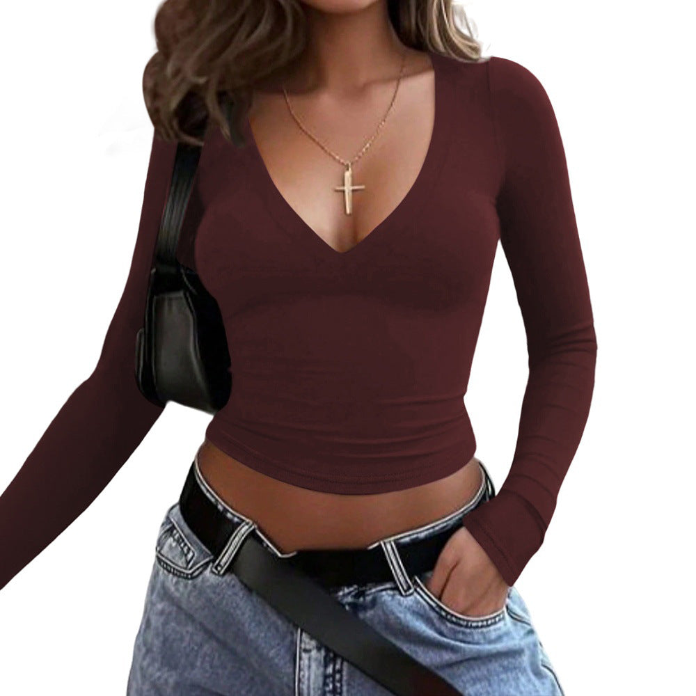 Chemise ajustée à manches longues pour femmes avec col en V et matériau élastique Chic & Stil