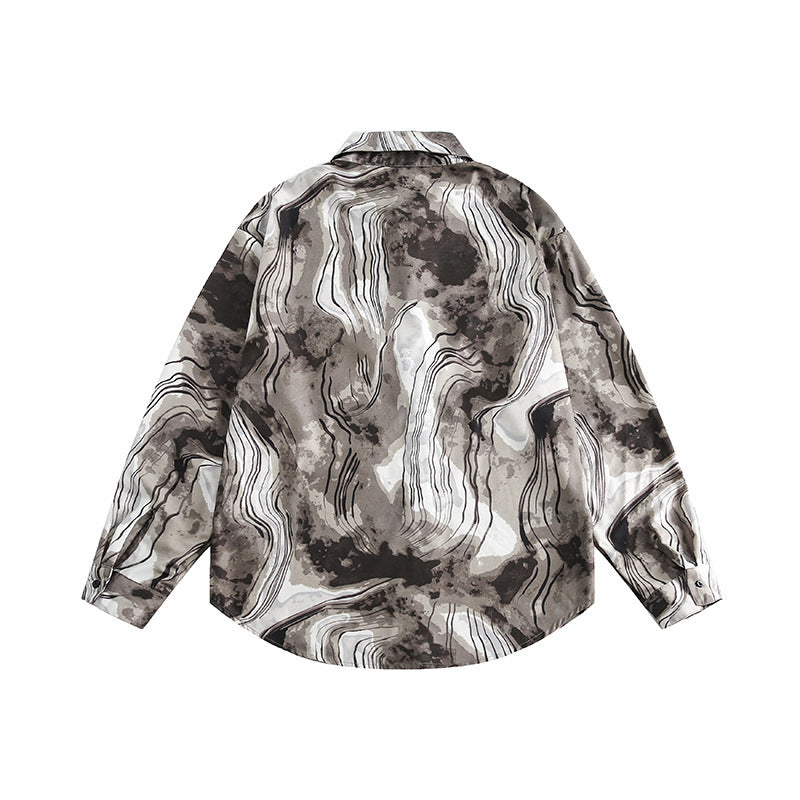 Unisex Boxy Overshirt Jacket with Marble Print and Traditional Toggle Closure Look Amarae
