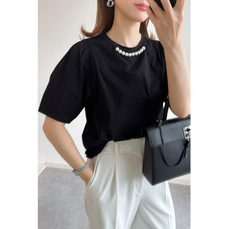 Ladies Elegant short sleeve top with pearl accents Lune London
