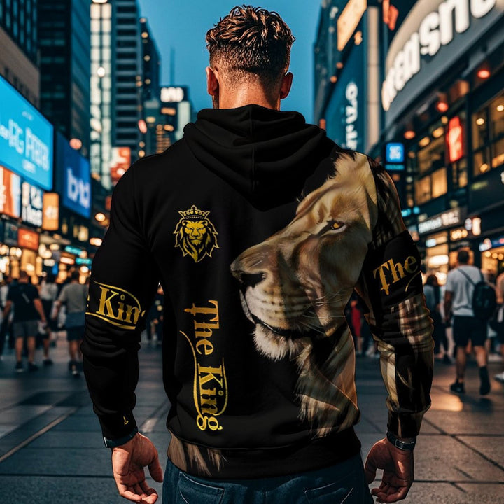 Men Motivated Hoodie Set and Jogging Pants with Chic Artistic Lion Print