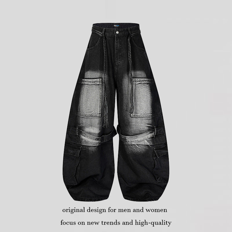 Women's wide denim cargo pants in balloon cut with large patch pockets and braided belt Amarae