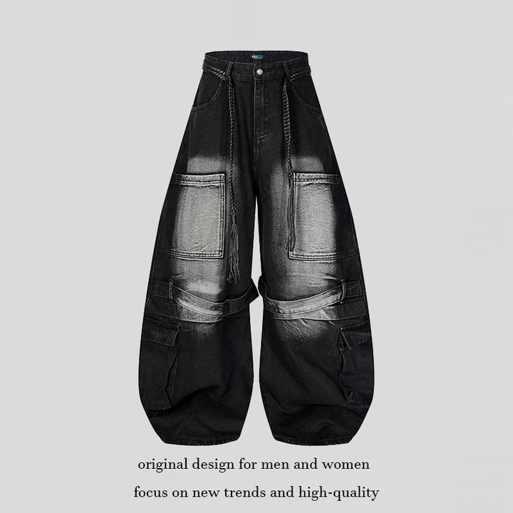 Women's wide denim cargo pants in balloon cut with large patch pockets and braided belt Amarae
