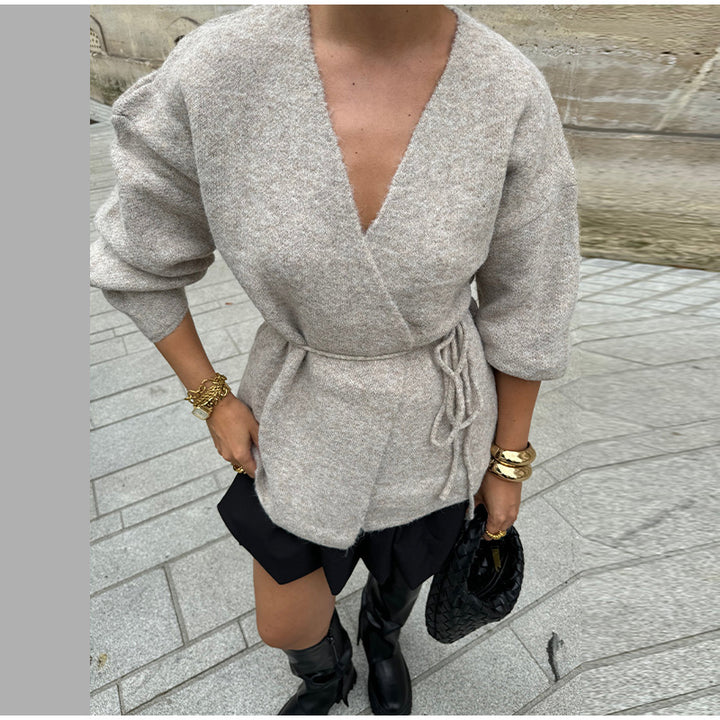 Elegant knit coat for women with belt Amarae