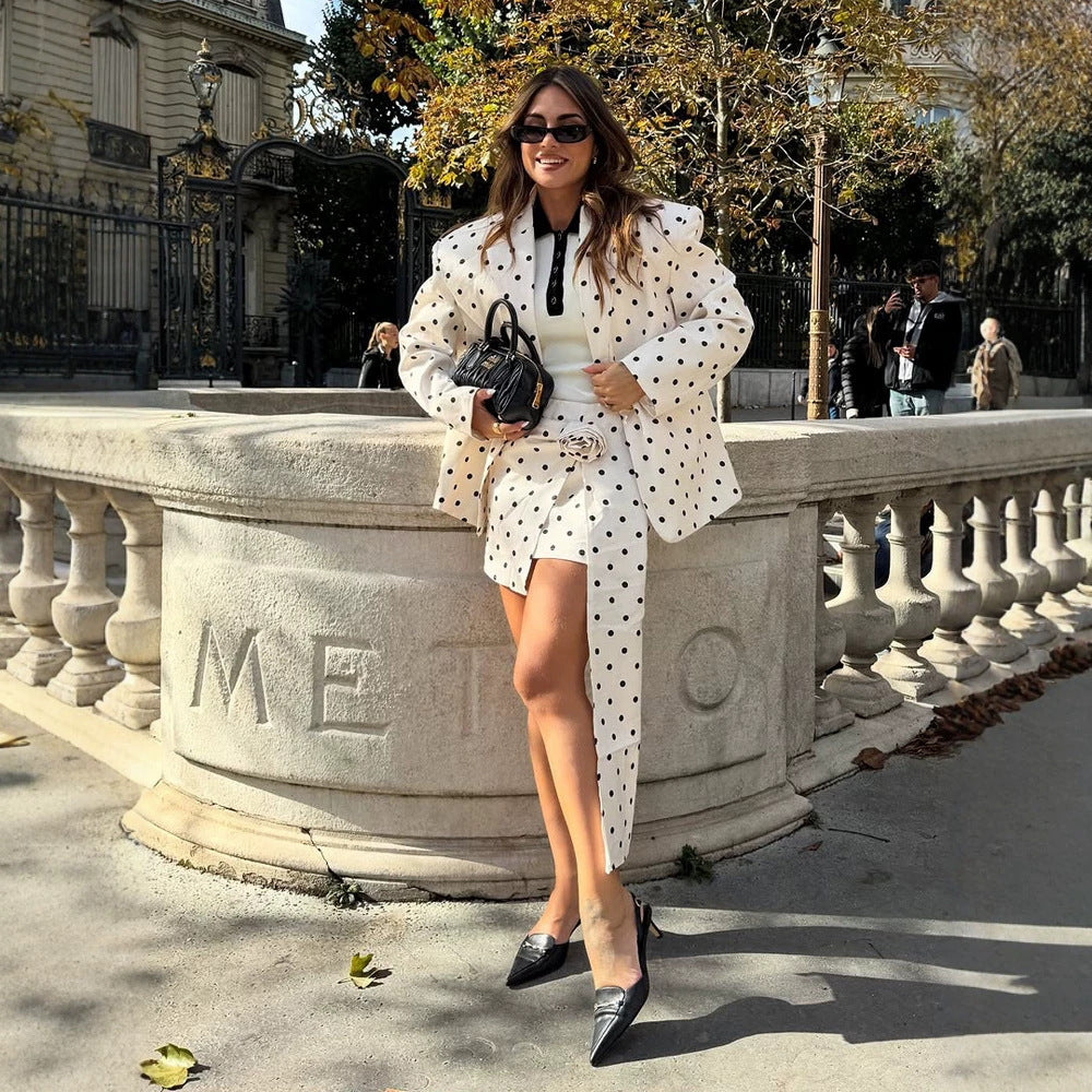 Ladies Two-Piece Blazer and Wrap Mini Skirt Set with Dots and Decorative Bow Amarae