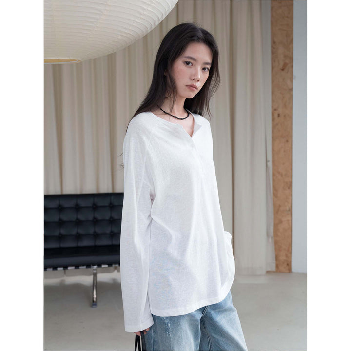 Women's Loose Henley Long Sleeve Made of Cotton Jersey Amarae
