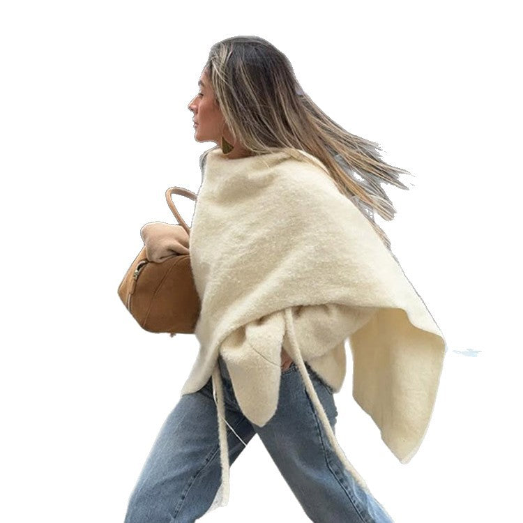 Women's Oversized Wool Mix Poncho with Asymmetrical Fall and Ties Amarae