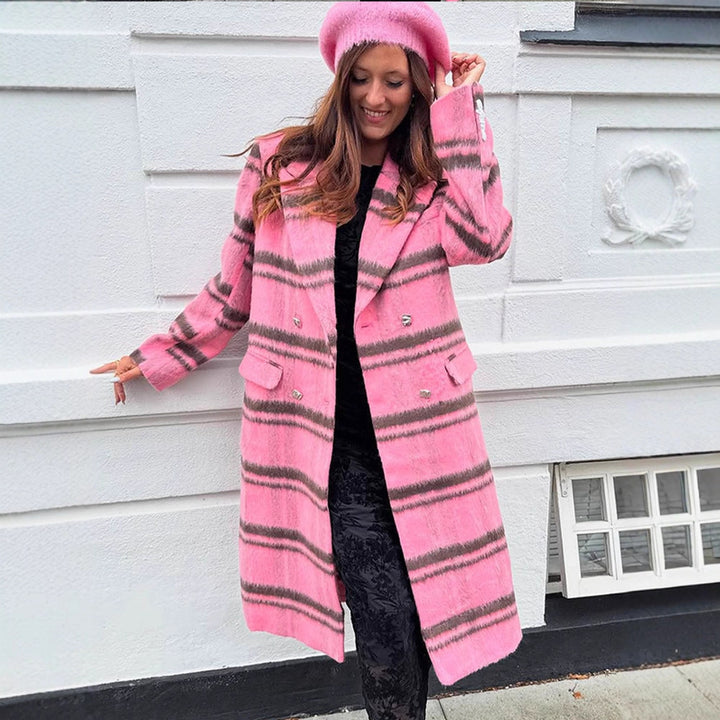 Women Mid-length checkered wool blend coat with double-breasted button placket and shawl collar Amarae