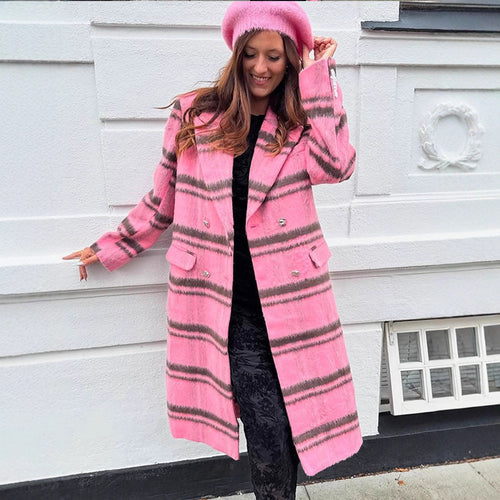 Women Mid-length checkered wool blend coat with double-breasted button placket and shawl collar Amarae