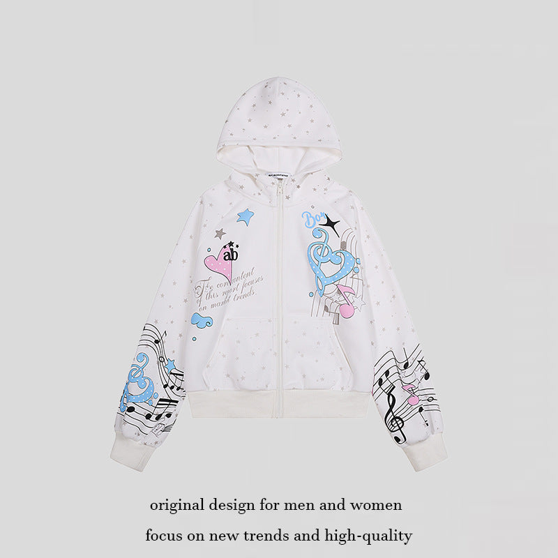 Women's Hooded Sweat Jacket with Front Zipper, Musical Print and Star Design Amarae