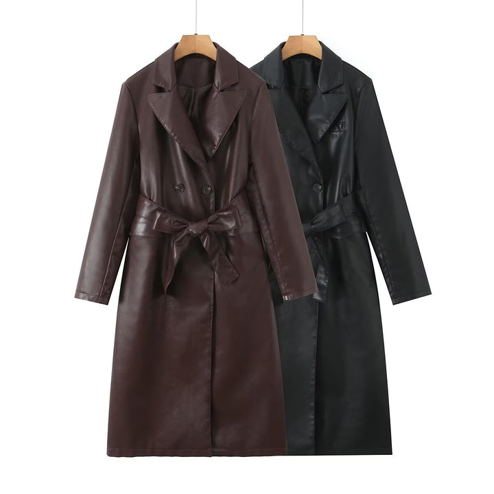 Women's faux leather trench coat with belted waist and double-breasted buttons Lune London