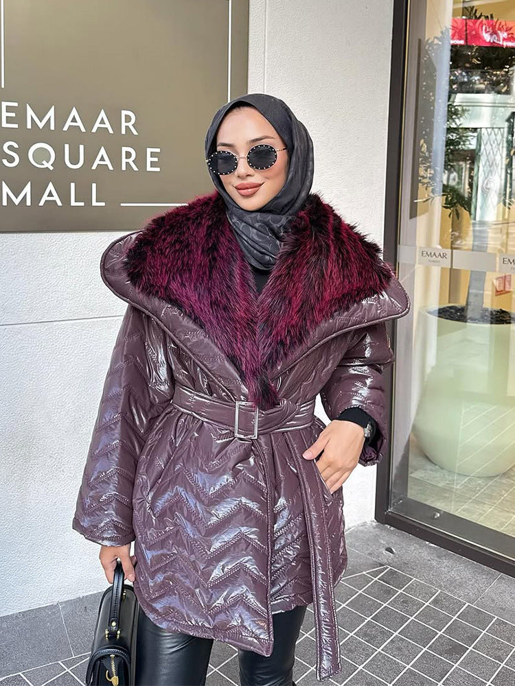 Ladies Shiny Padded Jacket with Waist Belt and Voluminous Faux Fur Collar Amarae