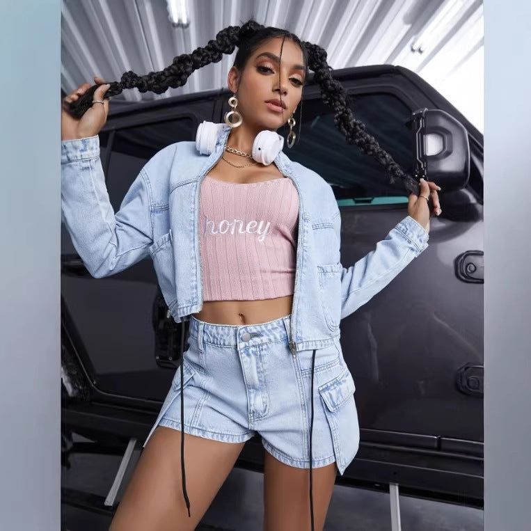 Women's short denim set with cropped jacket and cargo shorts Amarae