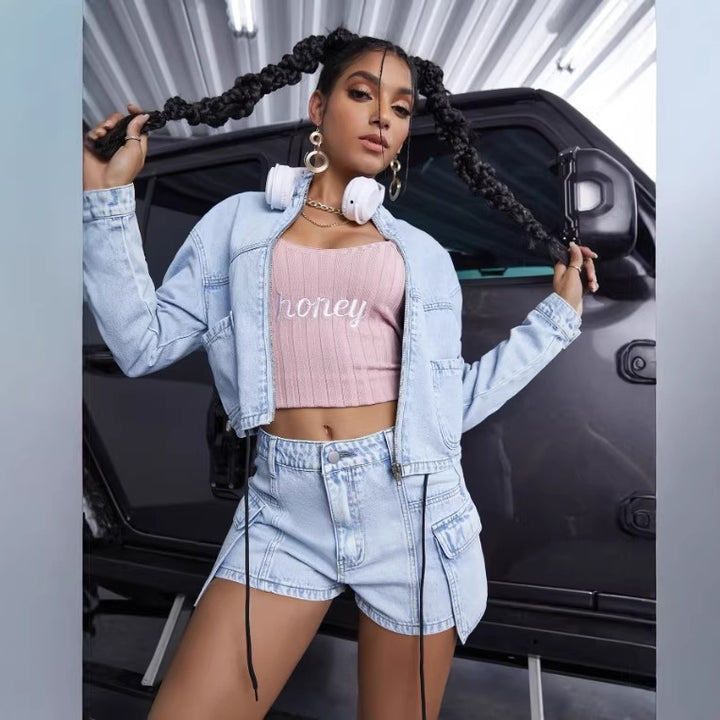 Women's short denim set with cropped jacket and cargo shorts Amarae