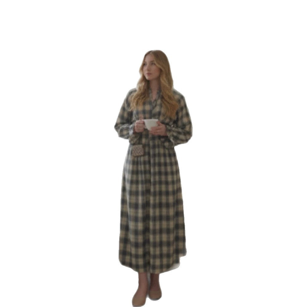 Ladies Max Dress in Checked Button-Up Blouse Style with Waist Belt and Ruffled Cuffs Amarae