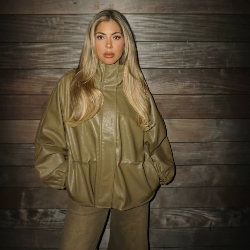 Women Boxy Faux Leather Jacket with High Stand-Up Collar, Drawstring Waist and Balloon Sleeves Amarae