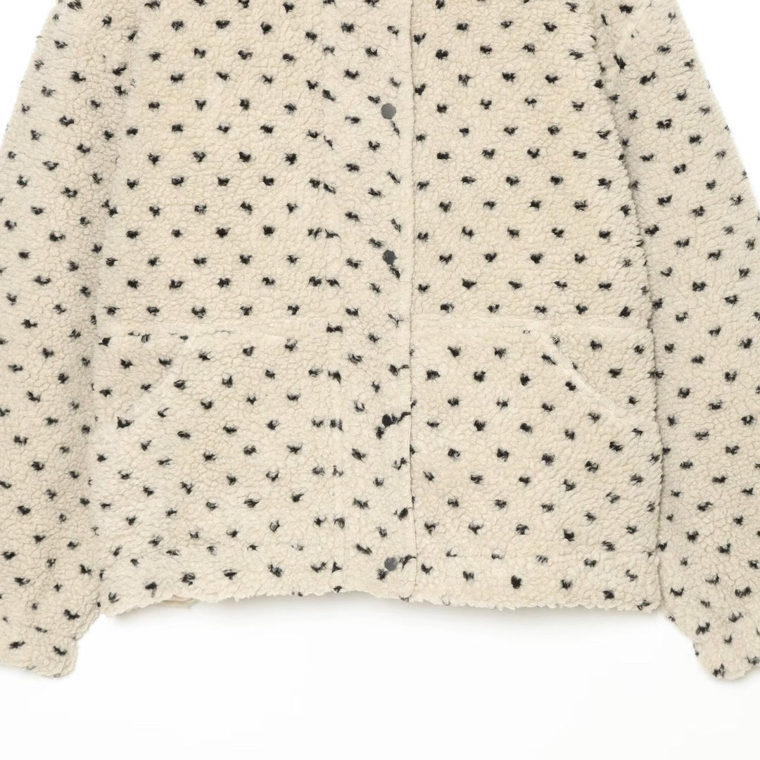 Women Short Teddy Jacket with Stand Collar and Polka Dot Pattern Amarae