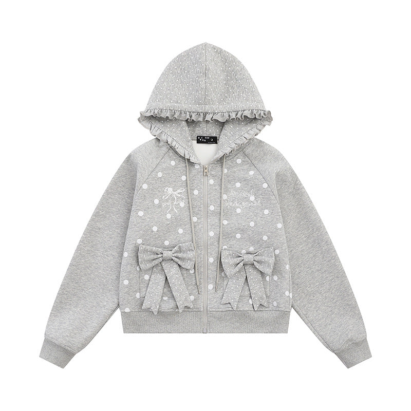 Women's hooded sweatshirt jacket with ruffled hood, polka dot pattern and decorative bows Amarae