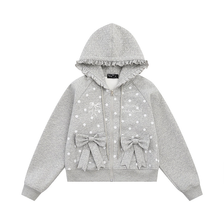 Women's hooded sweatshirt jacket with ruffled hood, polka dot pattern and decorative bows Amarae