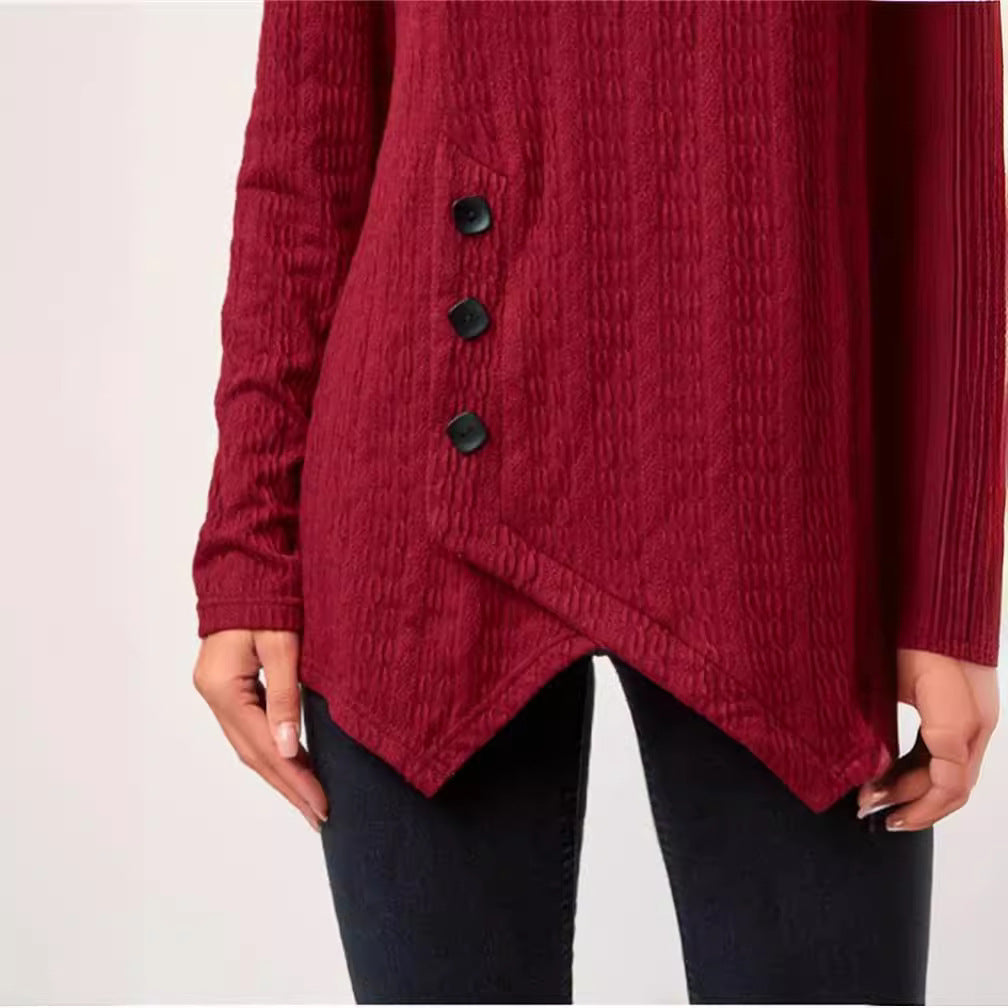 Asymmetrical long sleeve t-shirt for women with button details and textured design Lune London