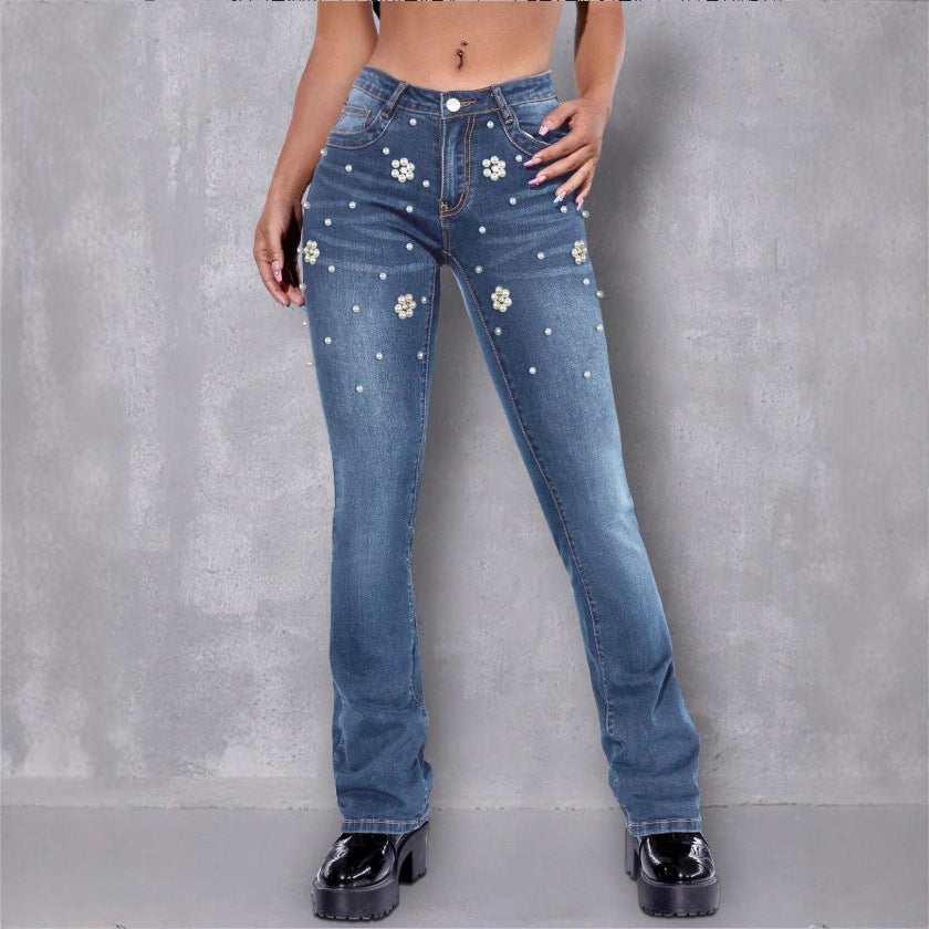 Women's slim bootcut jeans with pearl and flower appliqués Amarae
