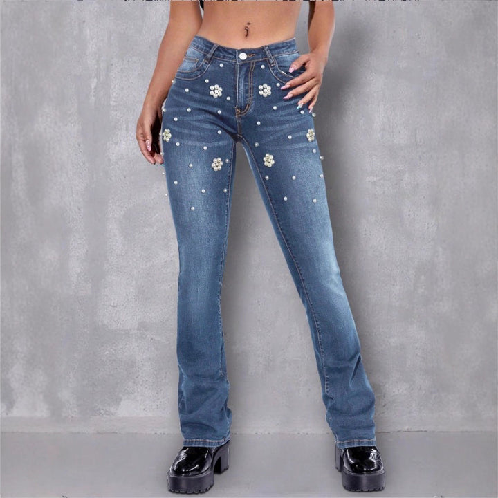 Women's slim bootcut jeans with pearl and flower appliqués Amarae