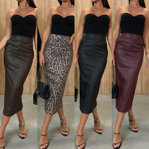 Women's Midi Skirt Made Of High-Quality Faux Leather with A High Waistband Amarae
