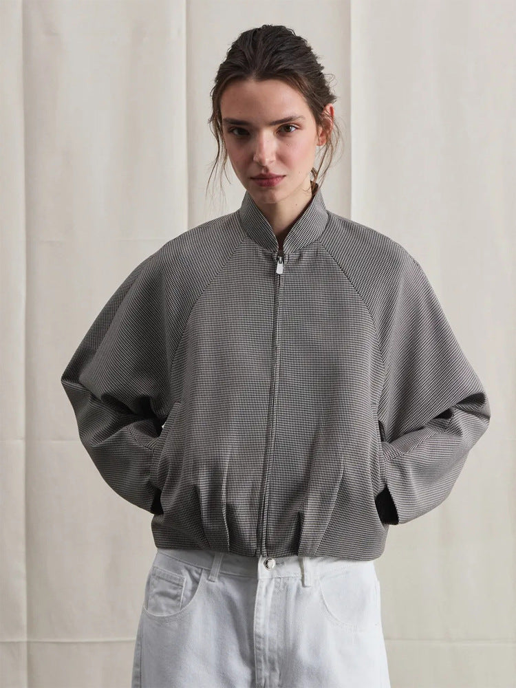Women's short bomber jacket with raglan sleeves, stand-up collar, and fine houndstooth pattern Amarae