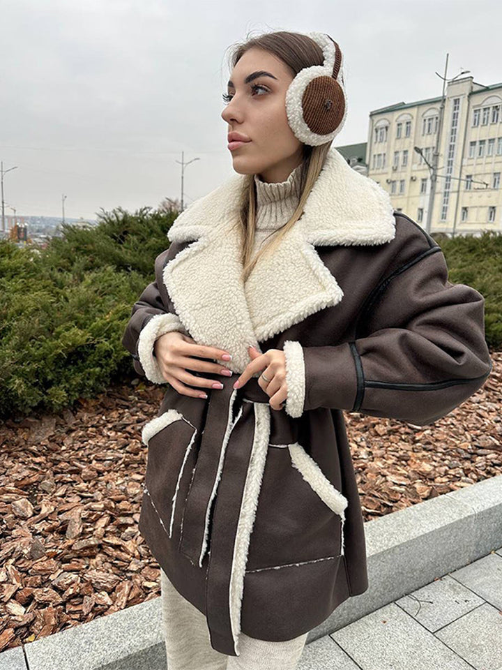 Women Oversized Sheepskin Imitation Coat with Contrasting Shawl Collar and Tied Belt Amarae