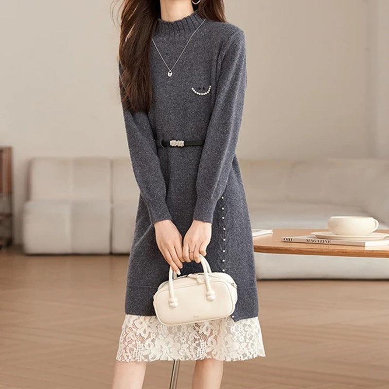 Women's knit dress with decorative button details and lace Lune London