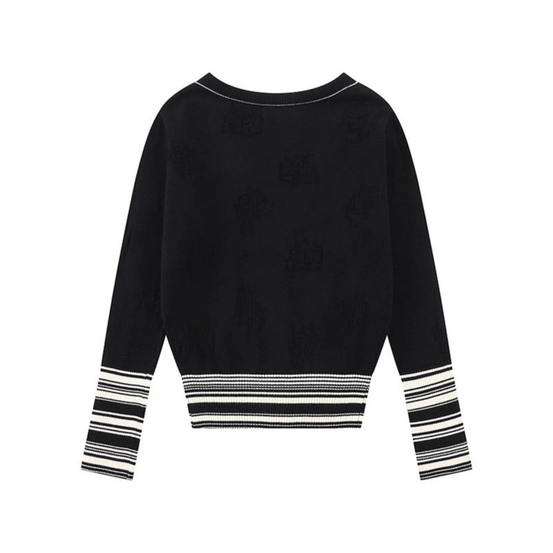 Ladies cardigan with V-neck, fine jacquard pattern and contrasting cuffs Amarae